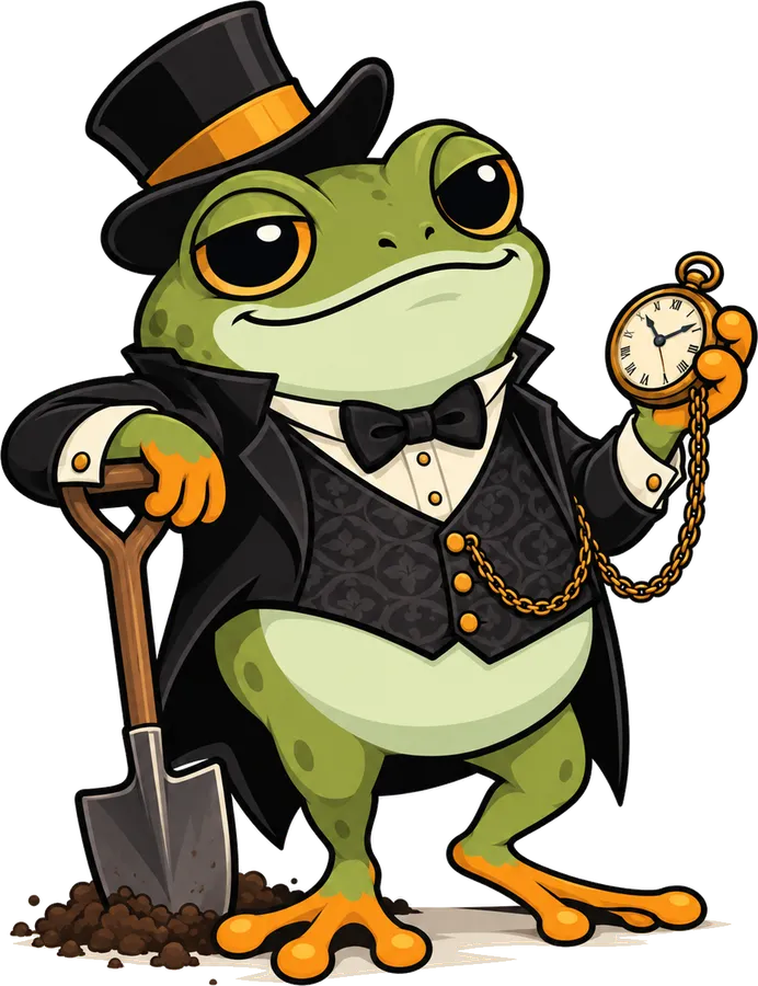 A cartoon frog undertaker in a top hat and tailcoat, leaning on a shovel and checking a pocket watch